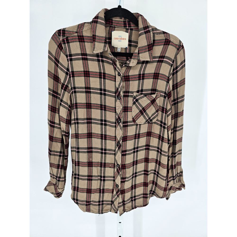 Casa Cabana Womens Sz M Long Sleeve Button Up Flannel Shirt Beige Super Soft